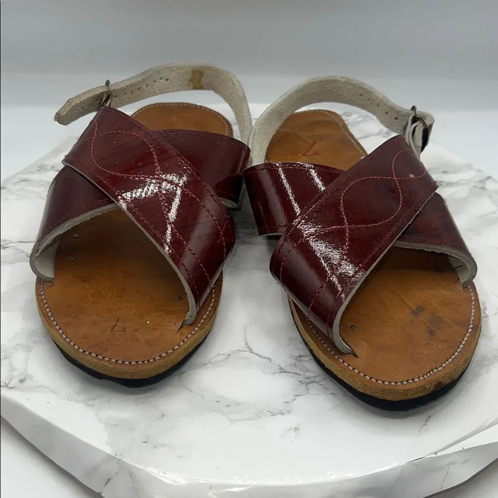 MEXICAN HANDCRAFTED Maroon Patent Leather Cruzado Huaraches Sandals-7